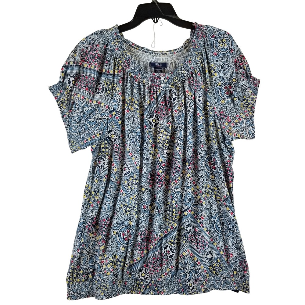 Chaps Denim Blouse Women 3X Blue Multi‎ Boho Tile Print Smocked Hem New